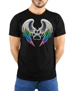 Angel Wing Paw Print Rainbow Love Spirit Animal Graphic Tee - model wearing black tee with hands behind back