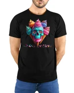 Colorful Ice Cream Skull Art Graphic Tee With Candy Drip Style - model wearing black tee with hands behind back