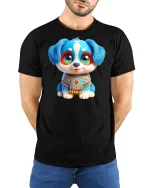 Cute Blue Puppy Art Graphic Tee With Big Eyes and Happy Vibes - model wearing black tee with hands behind back