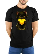 Cute Black Cat Holding Glowing Heart Art Graphic Tshirt - model wearing black tee with hands behind back