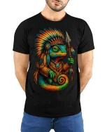 Tribal Chameleon Warrior Graphic T Shirt Colorful Fantasy Art Tee - model wearing black tee with hands behind back