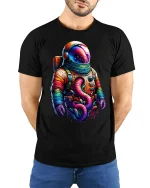 Colorful Astronaut Fantasy Art Graphic T Shirt Cosmic Space Tee - model wearing black tee with hands behind back