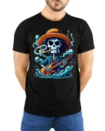 Skeleton Guitarist Rock Spirit Graphic Tee With Dark Music Vibes - model wearing black tee with hands behind back