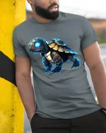 Futuristic Cyber Turtle Graphic Tee With Neon Tech Armor Art - model wearing grey tee, leaning on column