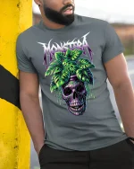 Monstera Skull Graphic Tee With Tropical Gothic Art Style - model wearing grey tee, leaning on column