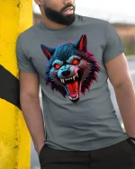 Savage Red Eyes Wolf Graphic Tee With Fierce Dark Art Style - model wearing grey tee, leaning on column