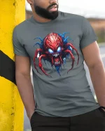 Infernal Spider Demon Graphic Tee With Savage Horror Art - model wearing grey tee, leaning on column