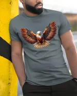 Majestic Bald Eagle Wings Spread Freedom Spirit Graphic Tee - model wearing grey tee, leaning on column