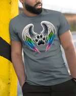 Angel Wing Paw Print Rainbow Love Spirit Animal Graphic Tee - model wearing grey tee, leaning on column