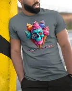 Colorful Ice Cream Skull Art Graphic Tee With Candy Drip Style - model wearing grey tee, leaning on column