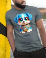 Cute Blue Puppy Art Graphic Tee With Big Eyes and Happy Vibes - model wearing grey tee, leaning on column