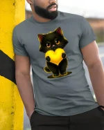 Cute Black Cat Holding Glowing Heart Art Graphic Tshirt - model wearing grey tee, leaning on column