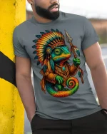 Tribal Chameleon Warrior Graphic T Shirt Colorful Fantasy Art Tee - model wearing grey tee, leaning on column