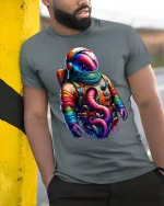 Colorful Astronaut Fantasy Art Graphic T Shirt Cosmic Space Tee - model wearing grey tee, leaning on column