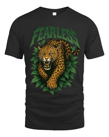 Fearless Leopard Graphic Tshirt Wild Jungle Power Art Tee - black t-shirt on white background