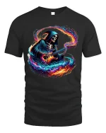 Flaming Guitar Reaper Graphic Tshirt Rock Music Fantasy Art Tee - black t-shirt on white background
