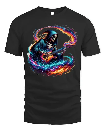Flaming Guitar Reaper Graphic Tshirt Rock Music Fantasy Art Tee - black t-shirt on white background