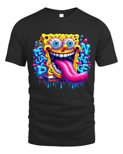 Crazy Sponge Cartoon Graphic Tshirt Trippy Funny Art Tee - black t-shirt on white background