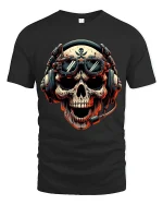 Skull Pilot Headset Graphic Tshirt Fierce Gamer Style Art Tee - black t-shirt on white background