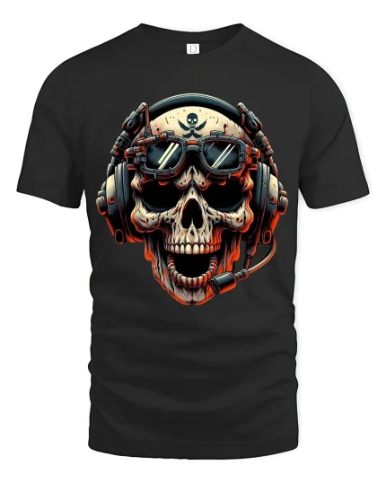 Skull Pilot Headset Graphic Tshirt Fierce Gamer Style Art Tee - black t-shirt on white background