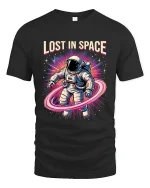 Lost In Space Astronaut Graphic Tshirt Retro Galaxy Art Tee - black t-shirt on white background