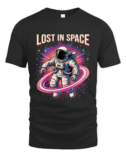 Lost In Space Astronaut Graphic Tshirt Retro Galaxy Art Tee - black t-shirt on white background