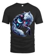 Cosmic Moon Wolf Graphic Tshirt Galaxy Spirit Animal Art Tee - black t-shirt on white background