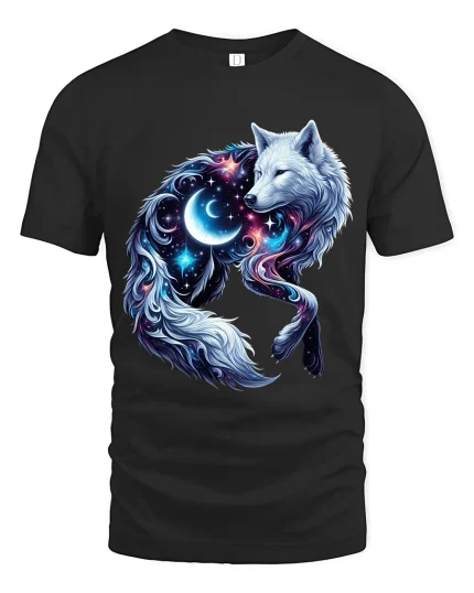 Cosmic Moon Wolf Graphic Tshirt Galaxy Spirit Animal Art Tee - black t-shirt on white background