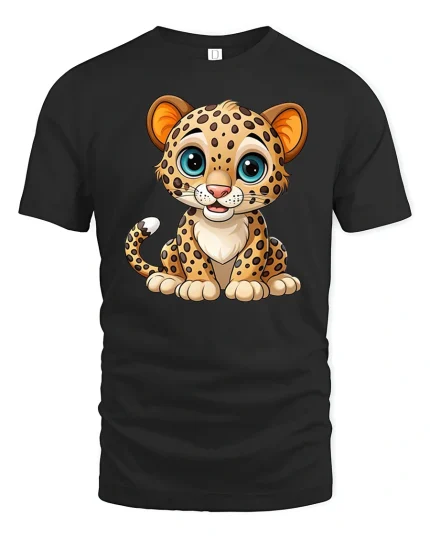 Cute Baby Leopard Cub Graphic Tshirt Adorable Cartoon Art Tee - black t-shirt on white background