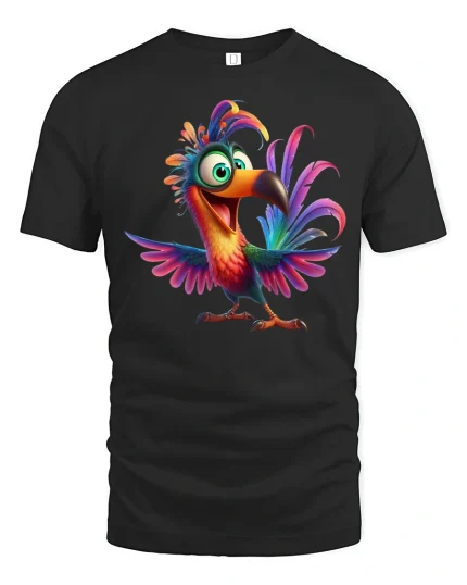 Colorful Happy Toucan Cartoon Graphic Tshirt Fun Tropical Art Tee - black t-shirt on white background