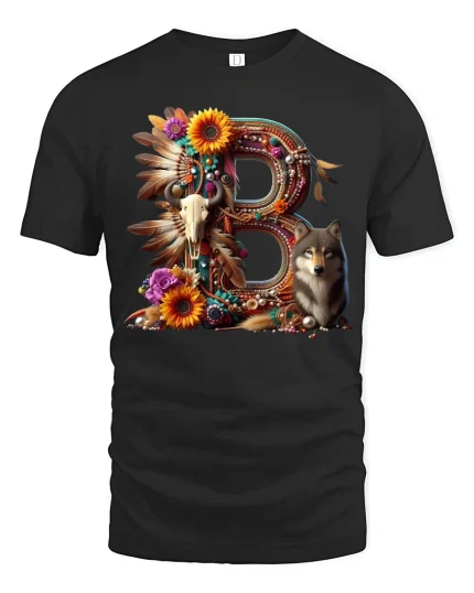 Boho Letter B Wolf Skull Floral Art Graphic Tshirt Nature Tee - black t-shirt on white background
