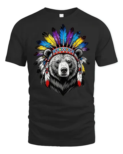 Tribal Bear Headdress Feather Art Graphic Tshirt Powerful Spirit Tee - black t-shirt on white background
