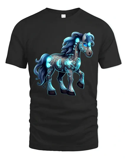 Glowing Fantasy Horse Graphic Tshirt Mystical Neon Art Tee - black t-shirt on white background