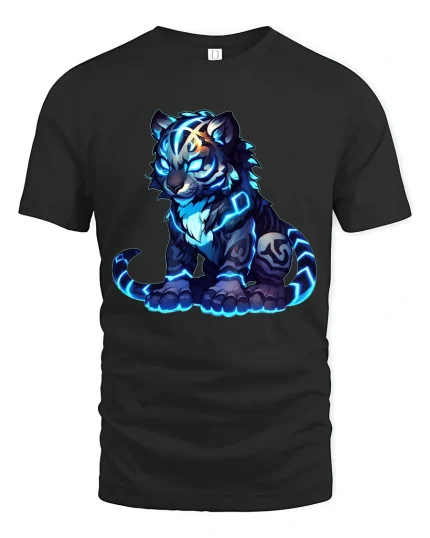 Glowing Spirit Tiger Cub Graphic Tshirt Neon Fantasy Art Tee - black t-shirt on white background