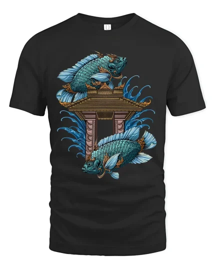 Japanese Koi Fish Temple Graphic Tshirt Traditional Art Style Tee - black t-shirt on white background