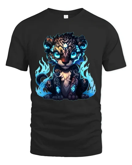 Mystic Flame Leopard Cub Graphic Tshirt Glowing Fantasy Art Tee - black t-shirt on white background