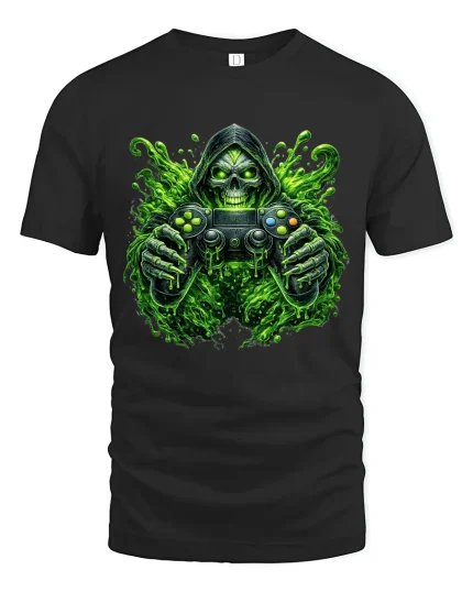 Toxic Gamer Skull Graphic Tshirt Neon Horror Gaming Art Tee - black t-shirt on white background
