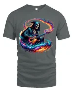 Flaming Guitar Reaper Graphic Tshirt Rock Music Fantasy Art Tee - gray t-shirt on white background
