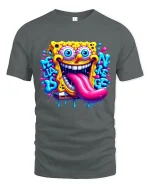 Crazy Sponge Cartoon Graphic Tshirt Trippy Funny Art Tee - gray t-shirt on white background