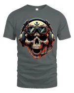 Skull Pilot Headset Graphic Tshirt Fierce Gamer Style Art Tee - gray t-shirt on white background