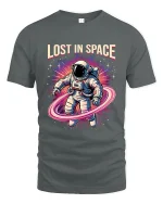 Lost In Space Astronaut Graphic Tshirt Retro Galaxy Art Tee - gray t-shirt on white background