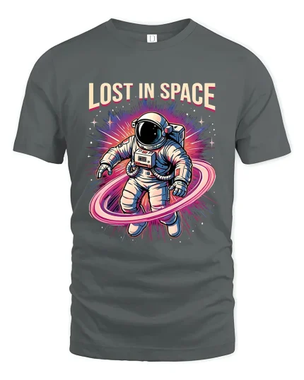 Lost In Space Astronaut Graphic Tshirt Retro Galaxy Art Tee - gray t-shirt on white background