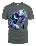 Cosmic Moon Wolf Graphic Tshirt Galaxy Spirit Animal Art Tee - gray t-shirt on white background