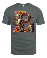 Boho Letter B Wolf Skull Floral Art Graphic Tshirt Nature Tee - gray t-shirt on white background