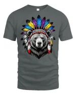 Tribal Bear Headdress Feather Art Graphic Tshirt Powerful Spirit Tee - gray t-shirt on white background