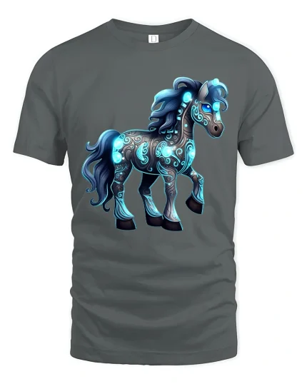 Glowing Fantasy Horse Graphic Tshirt Mystical Neon Art Tee - gray t-shirt on white background