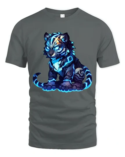 Glowing Spirit Tiger Cub Graphic Tshirt Neon Fantasy Art Tee - gray t-shirt on white background