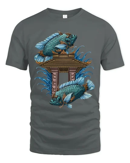 Japanese Koi Fish Temple Graphic Tshirt Traditional Art Style Tee - gray t-shirt on white background
