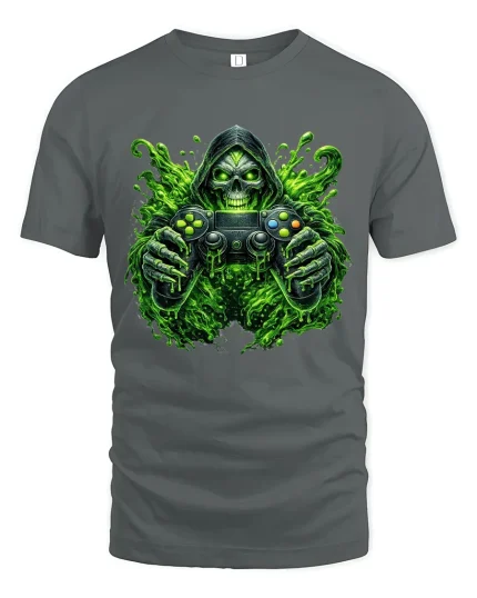 Toxic Gamer Skull Graphic Tshirt Neon Horror Gaming Art Tee - gray t-shirt on white background
