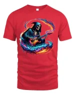 Flaming Guitar Reaper Graphic Tshirt Rock Music Fantasy Art Tee - red t-shirt on white background